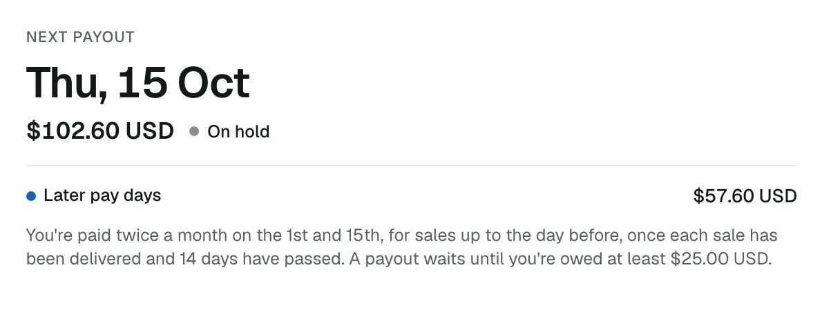 A vendor's own page: their next payout, and what is still on hold.