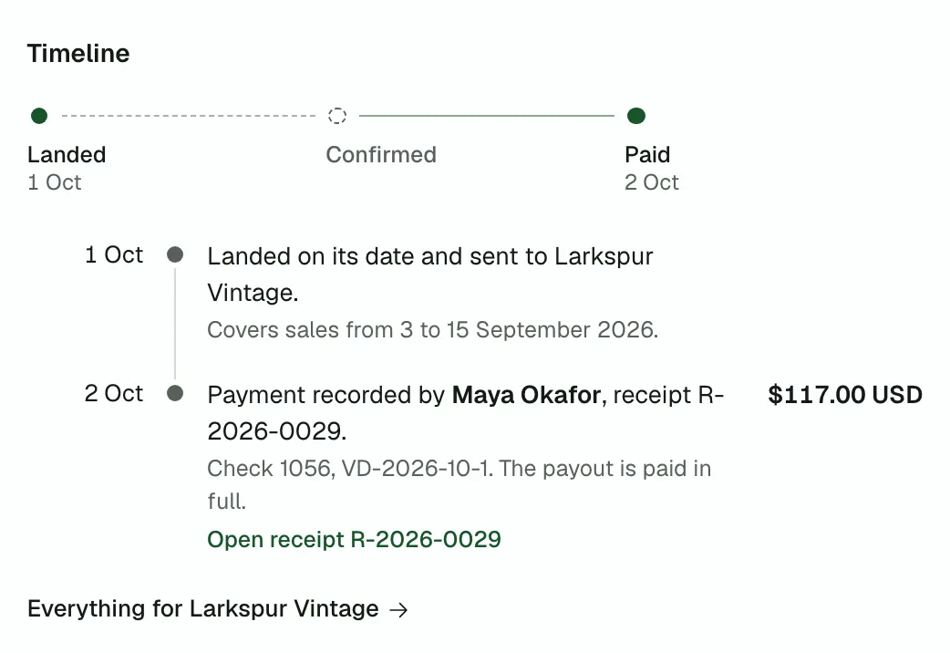 The payout that sale landed on, from landed to paid.